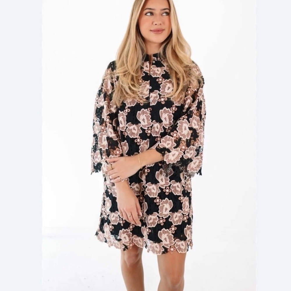 J.Marie Women's Black Cream Floral Talia Lace Mandarin Collar Caftan Dress NWT - Picture 14 of 14